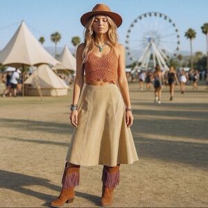 VTG Tan Suede Maxi Skirt Coachella Festival Boho Hippie Wanderlust Gypsy Sz 6